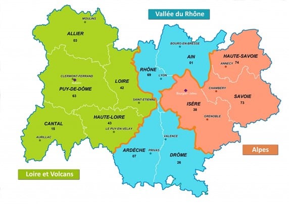 Carte des zones de la Fédération d'Athlétisme de la résion Auvergne Rhône-Alpes